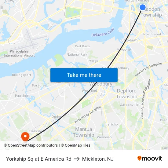 Yorkship Sq at E America Rd to Mickleton, NJ map