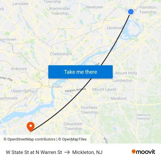W State St at N Warren St to Mickleton, NJ map