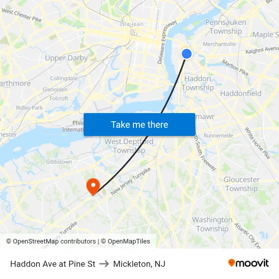 Haddon Ave at Pine St to Mickleton, NJ map