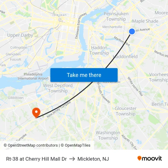 Rt-38 at Cherry Hill Mall Dr to Mickleton, NJ map
