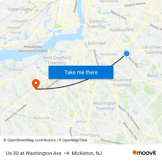 Us-30 at Washington Ave to Mickleton, NJ map