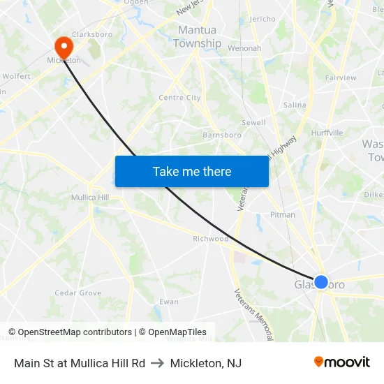 Main St at Mullica Hill Rd to Mickleton, NJ map