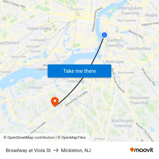 Broadway at Viola St to Mickleton, NJ map