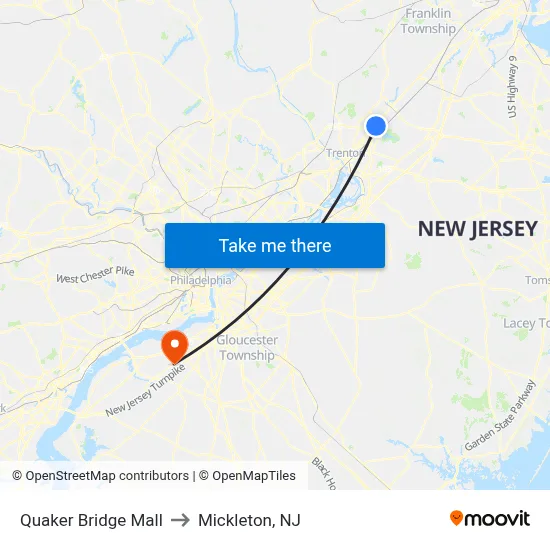 Quaker Bridge Mall to Mickleton, NJ map