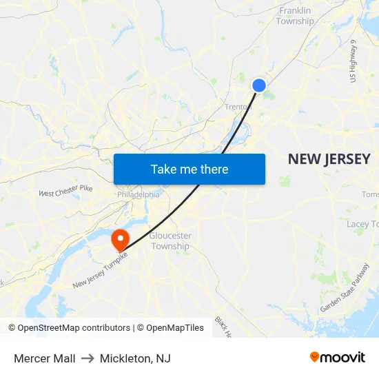 Mercer Mall to Mickleton, NJ map