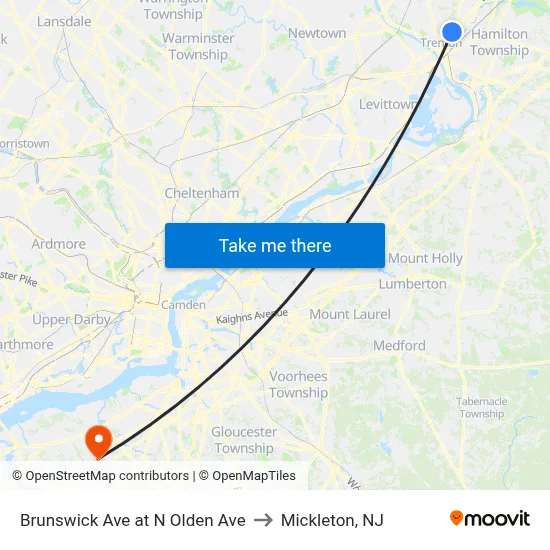 Brunswick Ave at N Olden Ave to Mickleton, NJ map