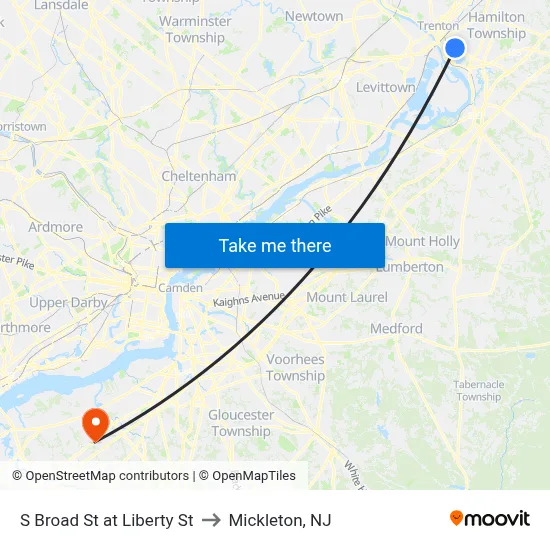 S Broad St at Liberty St to Mickleton, NJ map