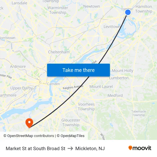 Market St at South Broad St to Mickleton, NJ map