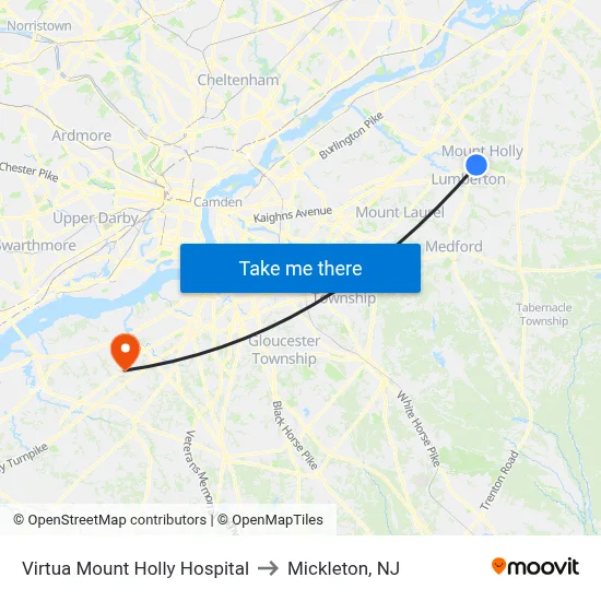 Virtua Mount Holly Hospital to Mickleton, NJ map