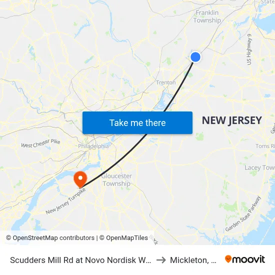 Scudders Mill Rd at Novo Nordisk Way to Mickleton, NJ map