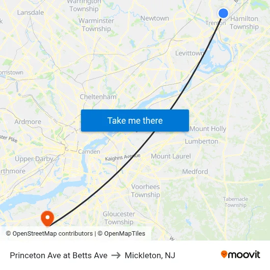 Princeton Ave at Betts Ave to Mickleton, NJ map