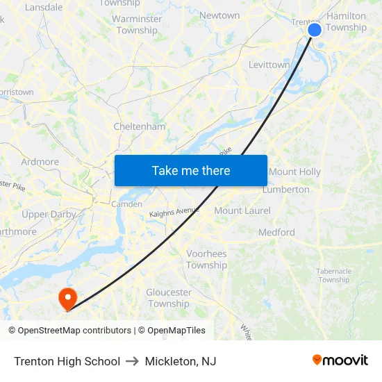 Trenton High School to Mickleton, NJ map