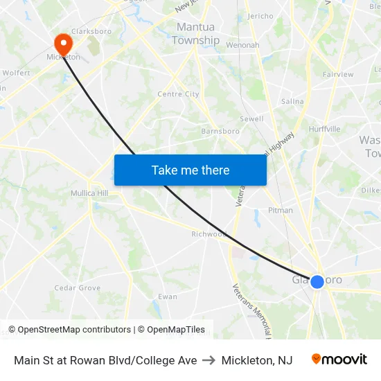 Main St at Rowan Blvd/College Ave to Mickleton, NJ map
