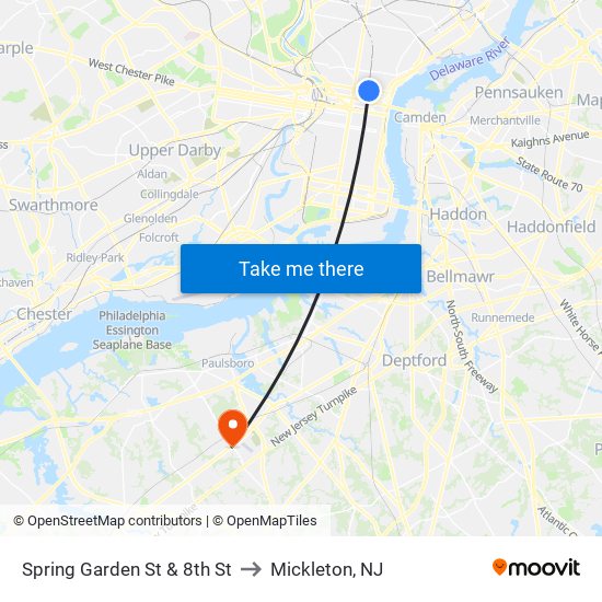 Spring Garden St & 8th St to Mickleton, NJ map