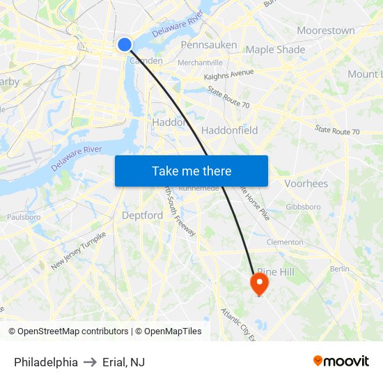Philadelphia to Erial, NJ map