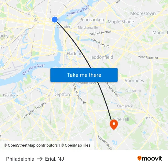 Philadelphia to Erial, NJ map