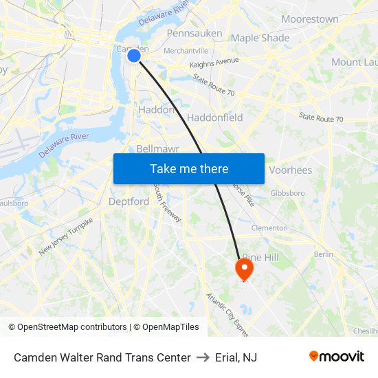 Camden Walter Rand Trans Center to Erial, NJ map