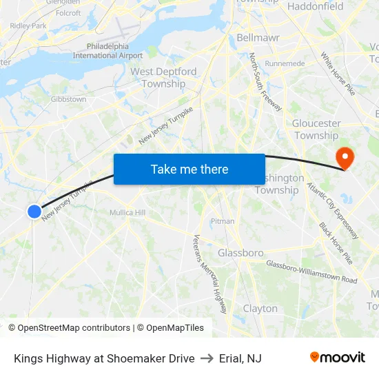 Kings Highway at Shoemaker Drive to Erial, NJ map