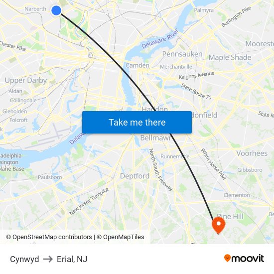 Cynwyd to Erial, NJ map