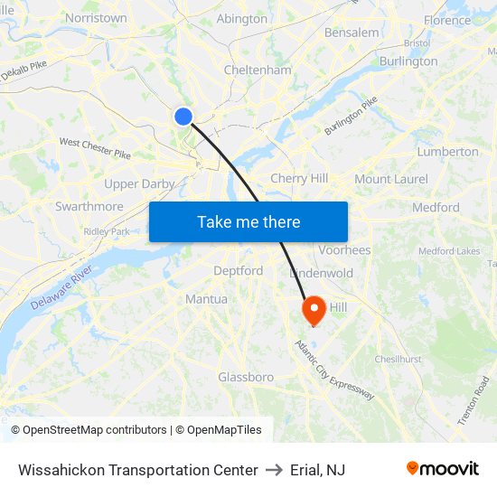 Wissahickon Transportation Center to Erial, NJ map