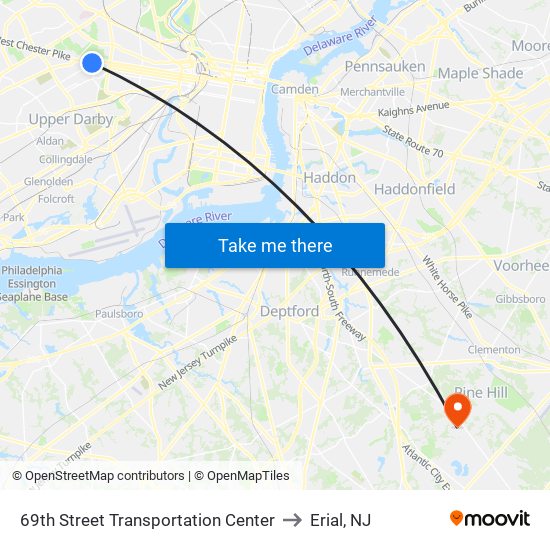 69th Street Transportation Center to Erial, NJ map