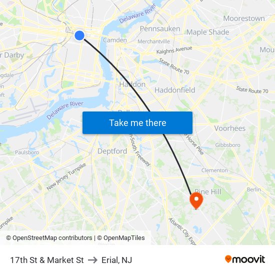 17th St & Market St to Erial, NJ map