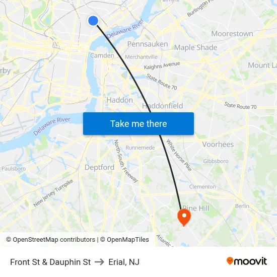 Front St & Dauphin St to Erial, NJ map