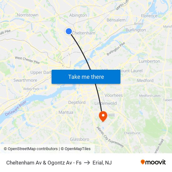 Cheltenham Av & Ogontz Av - Fs to Erial, NJ map