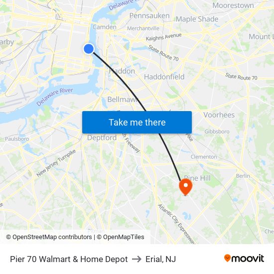 Pier 70 Walmart & Home Depot to Erial, NJ map