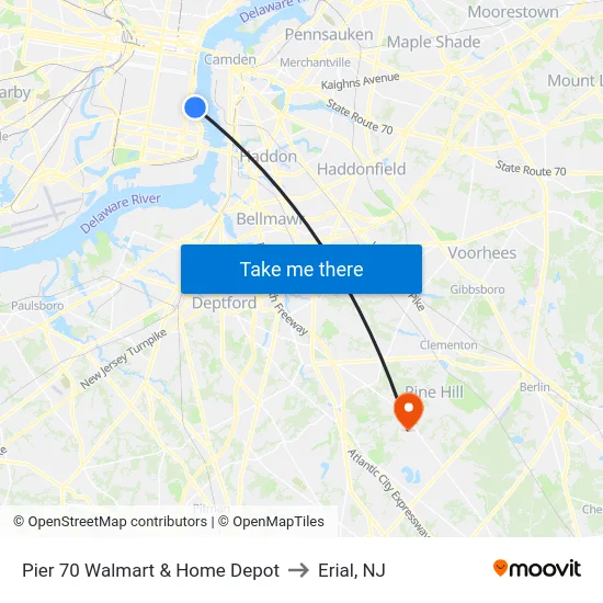 Pier 70 Walmart & Home Depot to Erial, NJ map