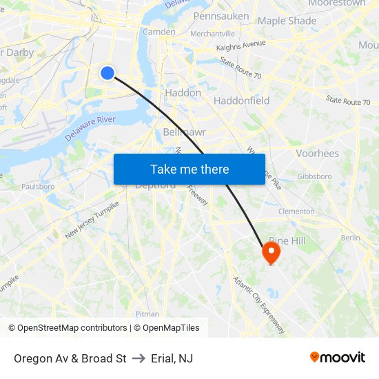 Oregon Av & Broad St to Erial, NJ map