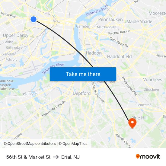 56th St & Market St to Erial, NJ map