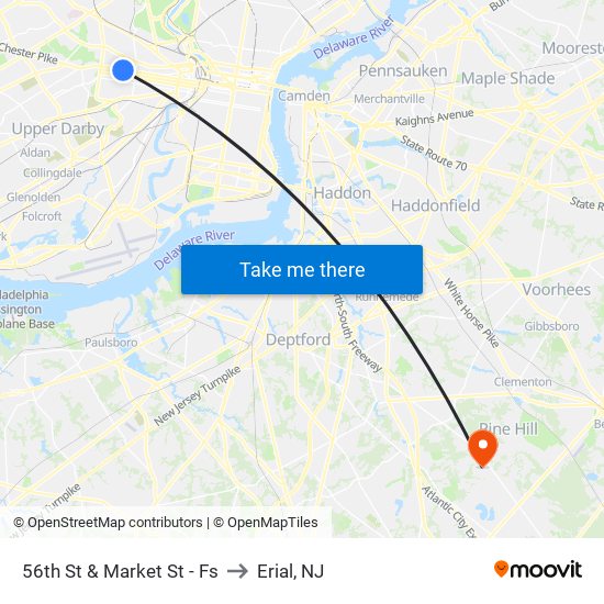 56th St & Market St - Fs to Erial, NJ map