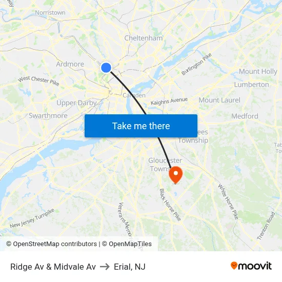 Ridge Av & Midvale Av to Erial, NJ map