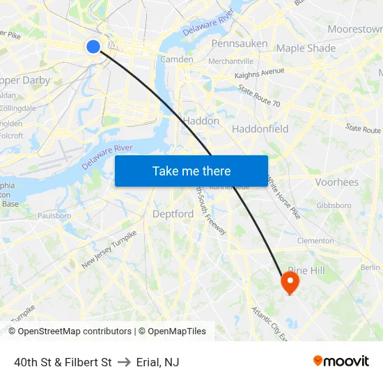 40th St & Filbert St to Erial, NJ map