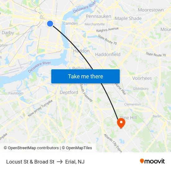Locust St & Broad St to Erial, NJ map