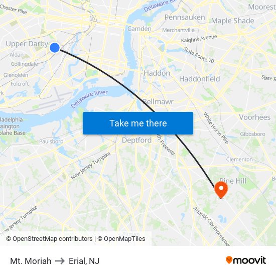 Mt. Moriah to Erial, NJ map