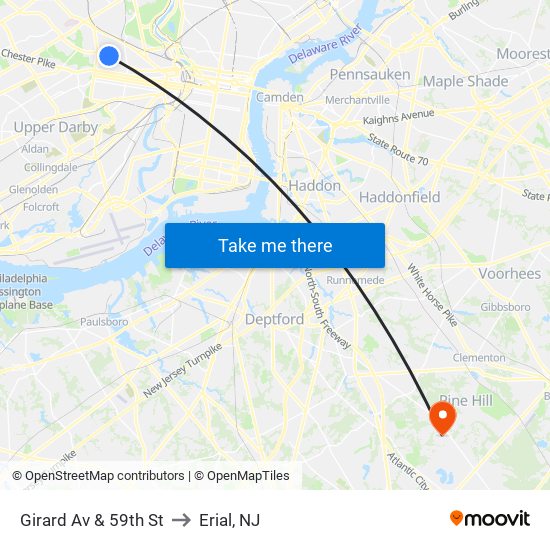 Girard Av & 59th St to Erial, NJ map