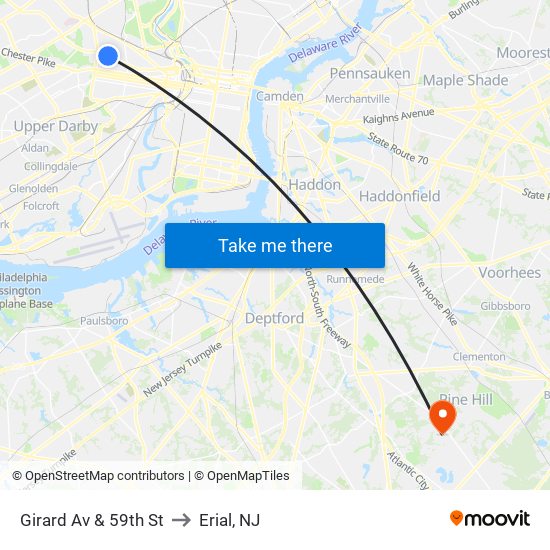 Girard Av & 59th St to Erial, NJ map