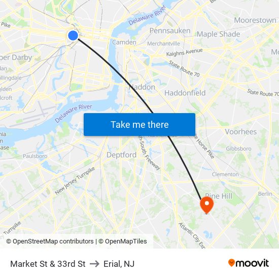 Market St & 33rd St to Erial, NJ map
