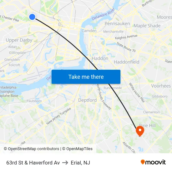63rd St & Haverford Av to Erial, NJ map