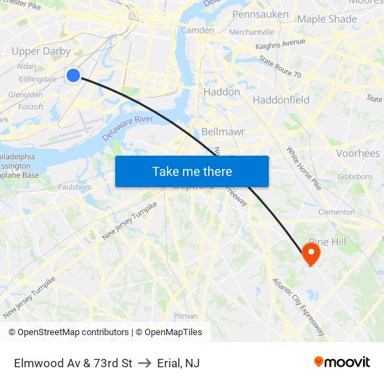 Elmwood Av & 73rd St to Erial, NJ map