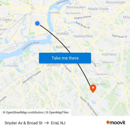 Snyder Av & Broad St to Erial, NJ map