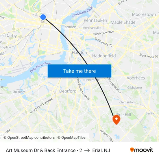 Art Museum Dr  & Back Entrance - 2 to Erial, NJ map