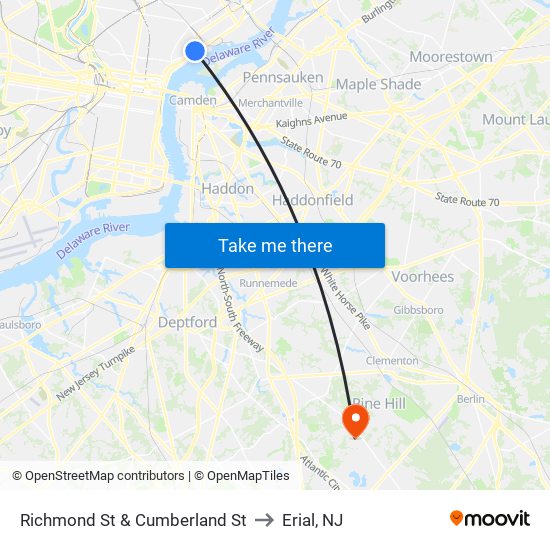 Richmond St & Cumberland St to Erial, NJ map