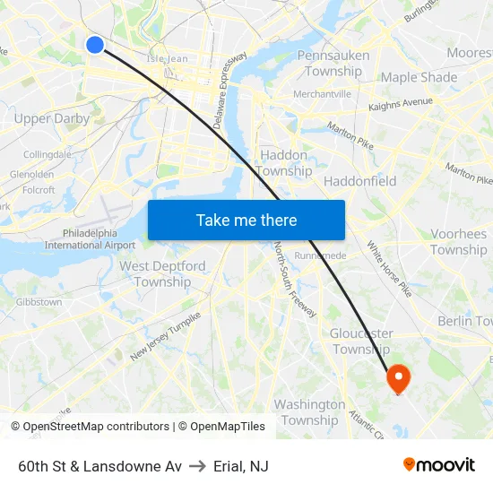 60th St & Lansdowne Av to Erial, NJ map