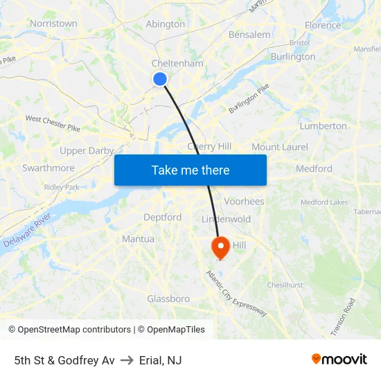 5th St & Godfrey Av to Erial, NJ map