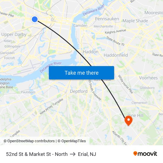 52nd St & Market St - North to Erial, NJ map