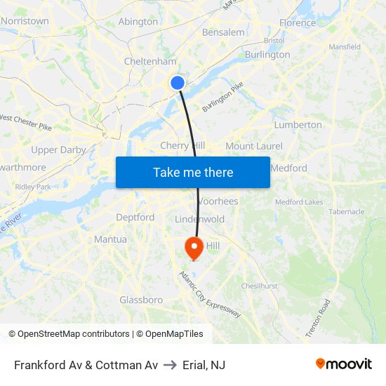 Frankford Av & Cottman Av to Erial, NJ map