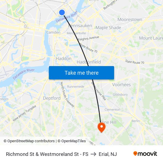 Richmond St & Westmoreland St - FS to Erial, NJ map